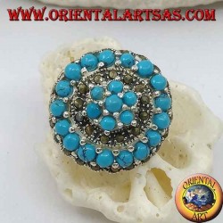Concentric mosaic silver ring studded with turquoise and marcasite balls set