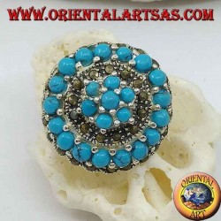 Anillo de plata de mosaico concéntrico tachonado con bolas de turquesa y marcasita.