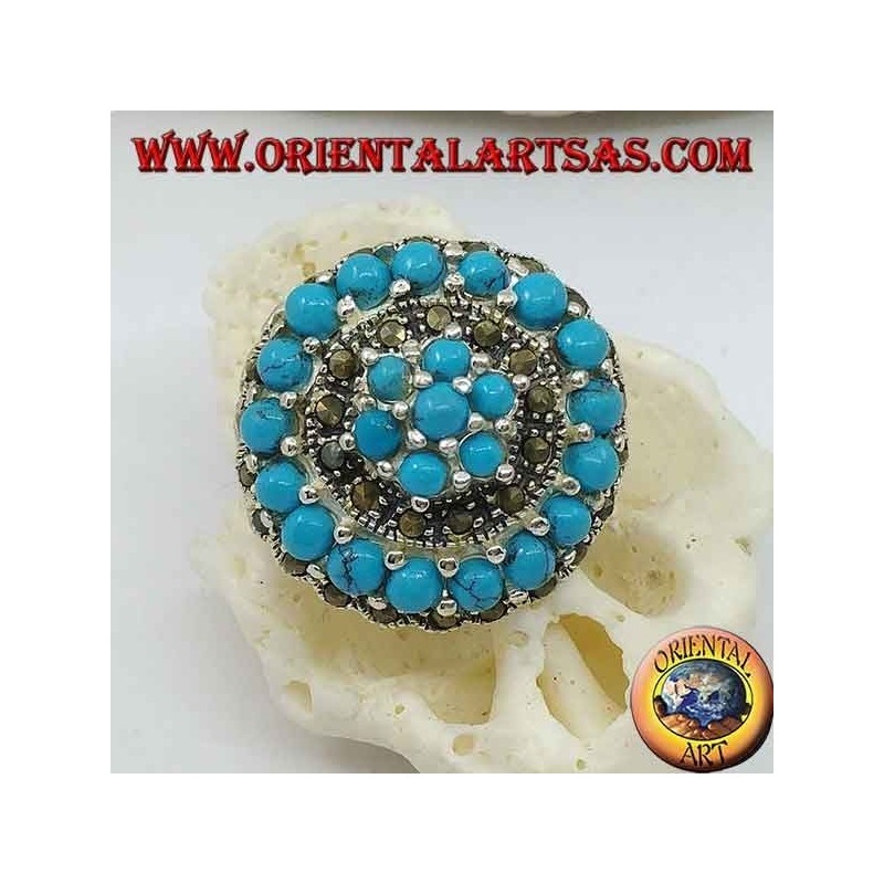 Concentric mosaic silver ring studded with turquoise and marcasite balls set