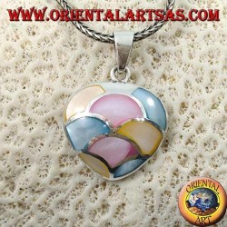 Heart-shaped silver pendant with mosaic of mother-of-pearl colored in semicircles