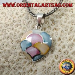 Heart-shaped silver pendant with mosaic of mother-of-pearl colored in semicircles