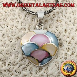 Heart-shaped silver pendant with mosaic of mother-of-pearl colored in semicircles