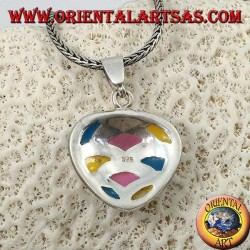 Heart-shaped silver pendant with mosaic of mother-of-pearl colored in semicircles