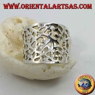 Concave band silver ring with dense perforated floral decoration