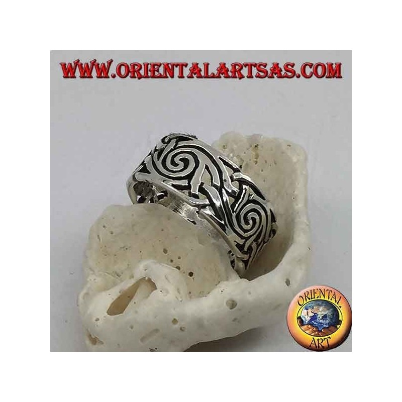 Openwork band silver ring with intertwined spiral decorations