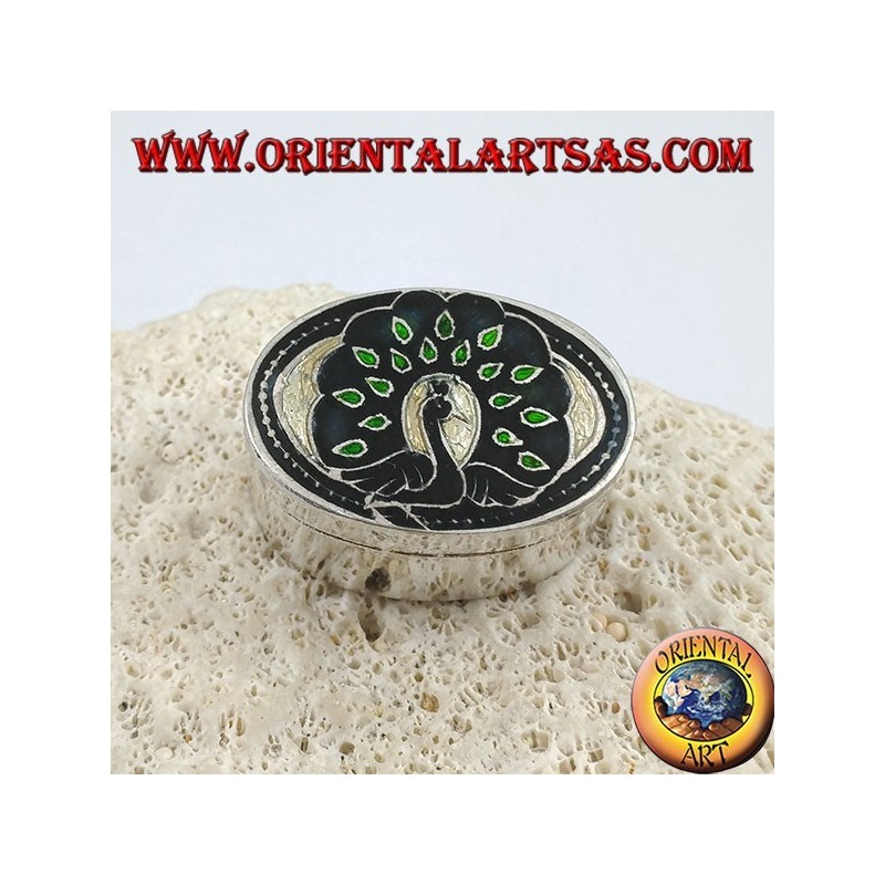 Silver ellipsoid box chiseled and fire enamelled with peacock (green)