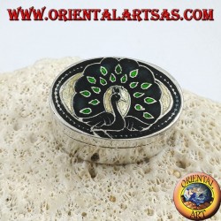 Silver ellipsoid box chiseled and fire enamelled with peacock (green)