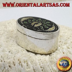 Silver ellipsoid box chiseled and fire enamelled with peacock (green)