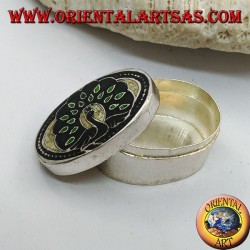 Silver ellipsoid box chiseled and fire enamelled with peacock (green)