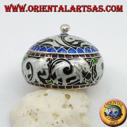 Silver box with chiseled and fire-enameled knob with elephants and sinuous decorations (white)