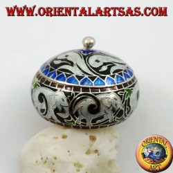 Caja de plata con pomo cincelado y esmaltado al fuego con elefantes y decoraciones sinuosas (blanco)