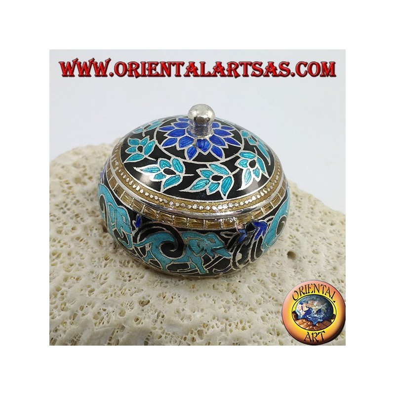 Silver box with chiseled and fire-enameled knob with elephants and floral decorations (blue)