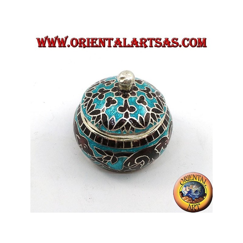 Silver box with chiseled and fire-enameled knob with chained elephants and decorations (blue)