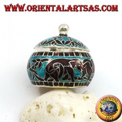 Silver box with chiseled and fire-enameled knob with chained elephants and decorations (blue)