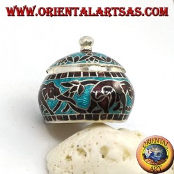 Silver box with chiseled and fire-enameled knob with chained elephants and decorations (blue)