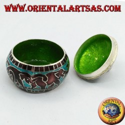 Boîte en argent avec bouton ciselé et émaillé au feu avec éléphants enchaînés et décorations (bleu)