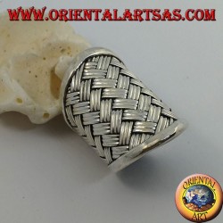 Wide band silver ring with woven lattice decoration (straw style), Karen