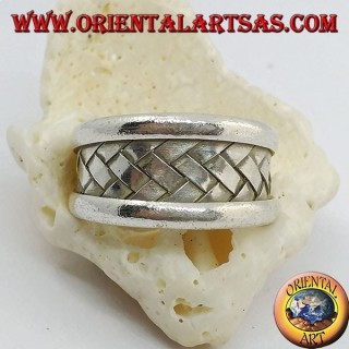 Wide band silver ring with braided lattice decoration, Karen