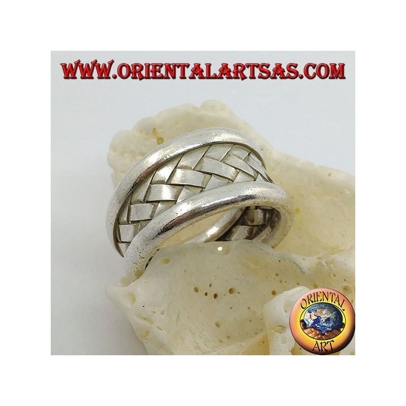 Wide band silver ring with braided lattice decoration, Karen