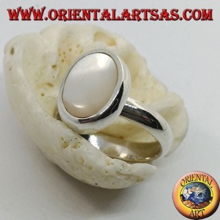 Silver ring with large oval mother-of-pearl set flush with the edge