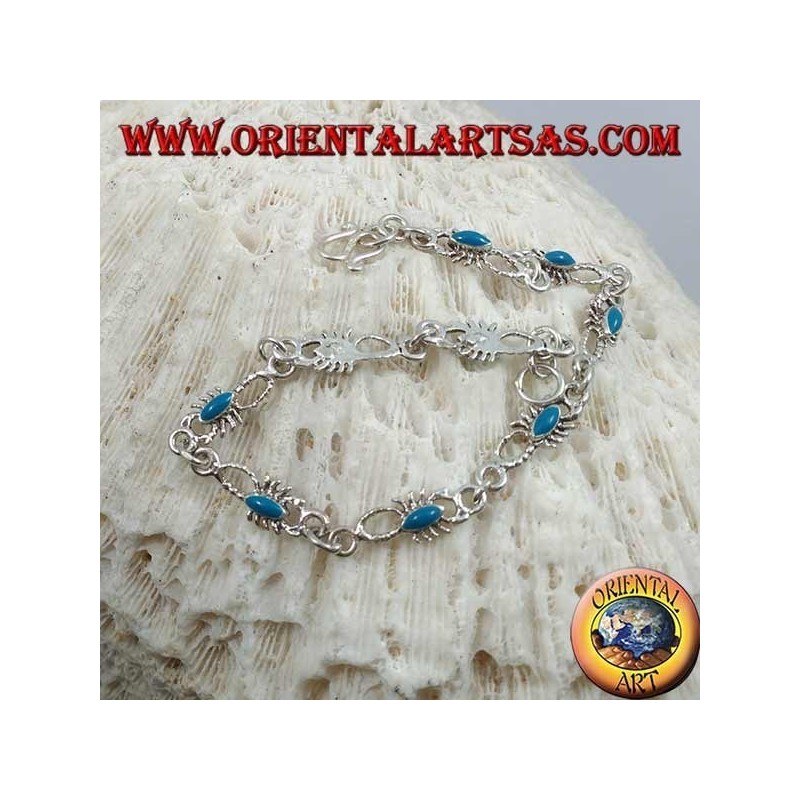 Soft silver bracelet with 9 scorpions with turquoise