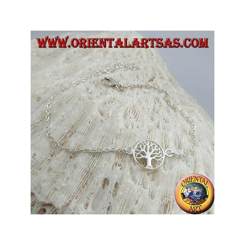 Bracelet chaîne en argent doux avec arbre de vie dans le petit cercle au centre