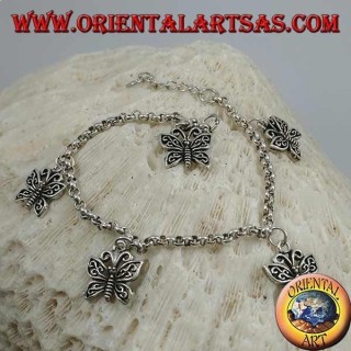 Bracciale in argento morbido a catena spessa con appese farfalle con ali traforate 