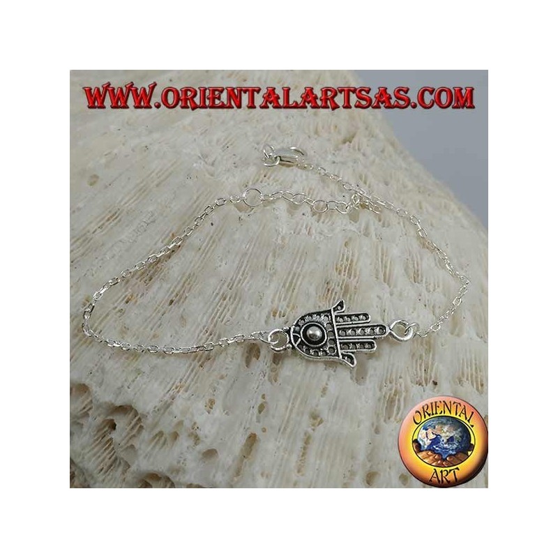Soft silver chain bracelet with hand of fatima with ball on the palm in the center