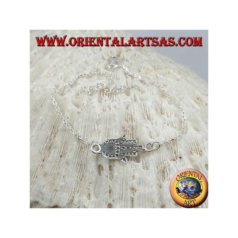 Soft silver chain bracelet with hand of fatima with ball on the palm in the center