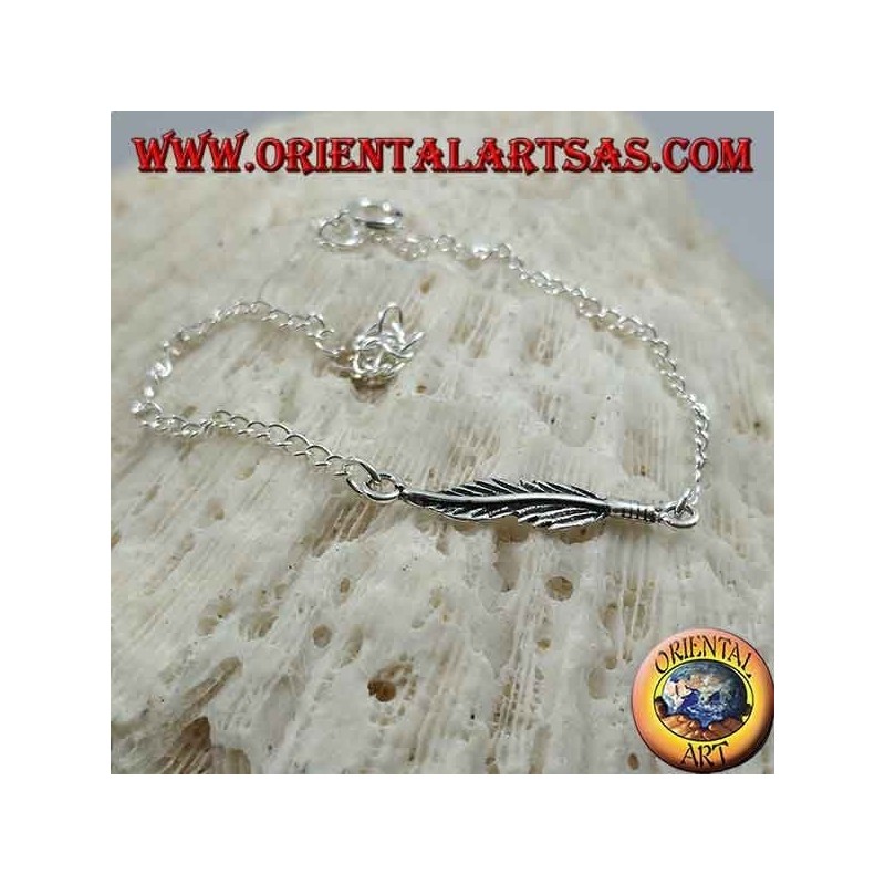 Bracelet en argent doux avec chaîne avec plume au centre