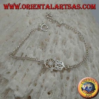 Weiches Silberkettenarmband mit Hand von Fatima mit Blume auf der Handfläche in der Mitte