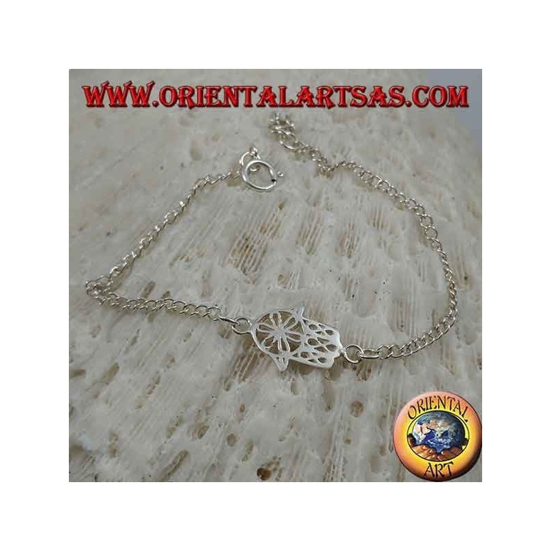 Soft silver bracelet with chain of hand of fatima with flower on the palm in the center