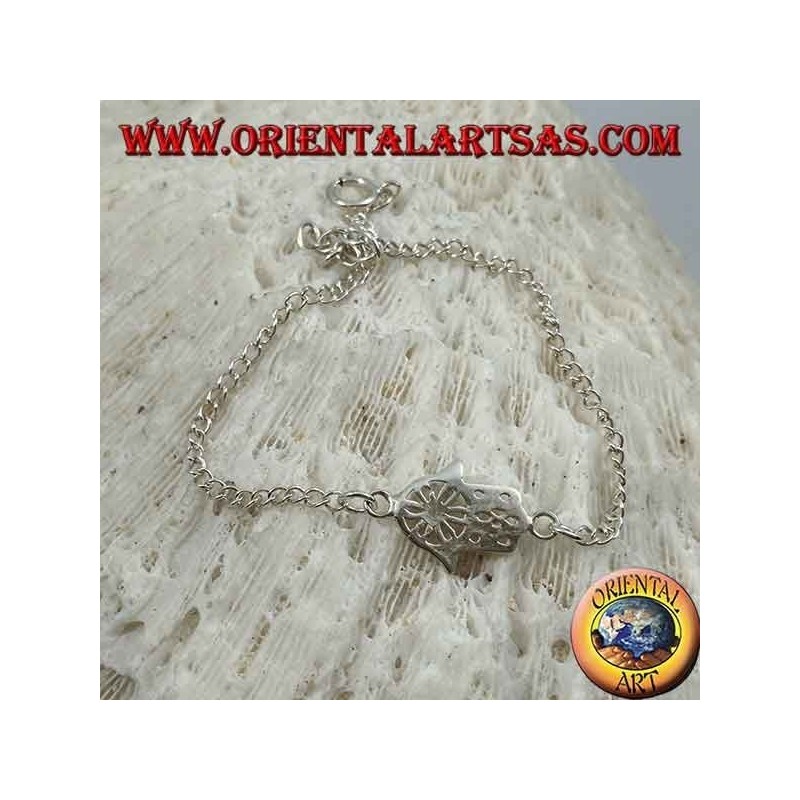 Pulsera de plata suave con cadena de mano de fátima con flor en la palma en el centro