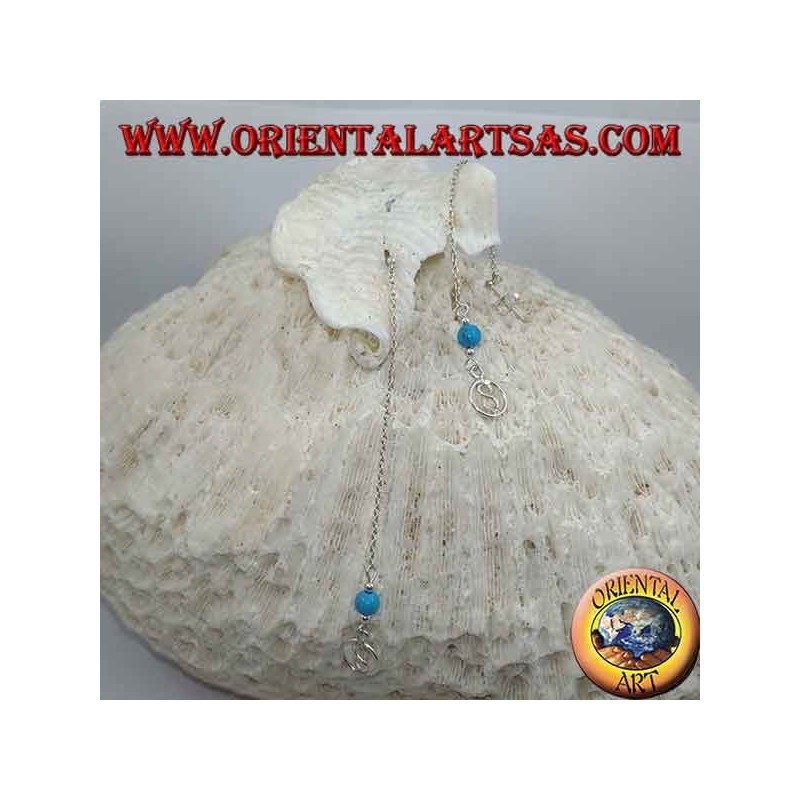 Silberne Schmetterlingsohrringe mit Kette, S im Kreis und 7 cm türkisfarbener Kugel