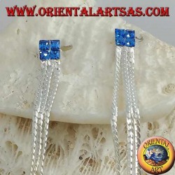 Silver butterfly earrings with blue square zircon chain and triple 8 cm interlaced chain