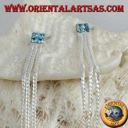 Silver butterfly earrings with light blue square zircon chain and triple 8 cm interlaced chain