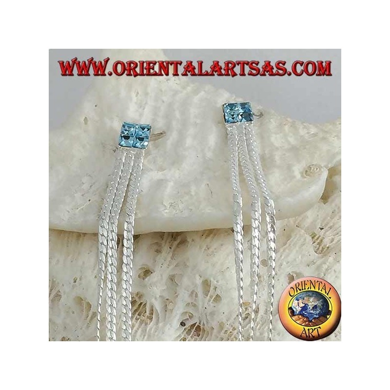 Silver butterfly earrings with light blue square zircon chain and triple 8 cm interlaced chain