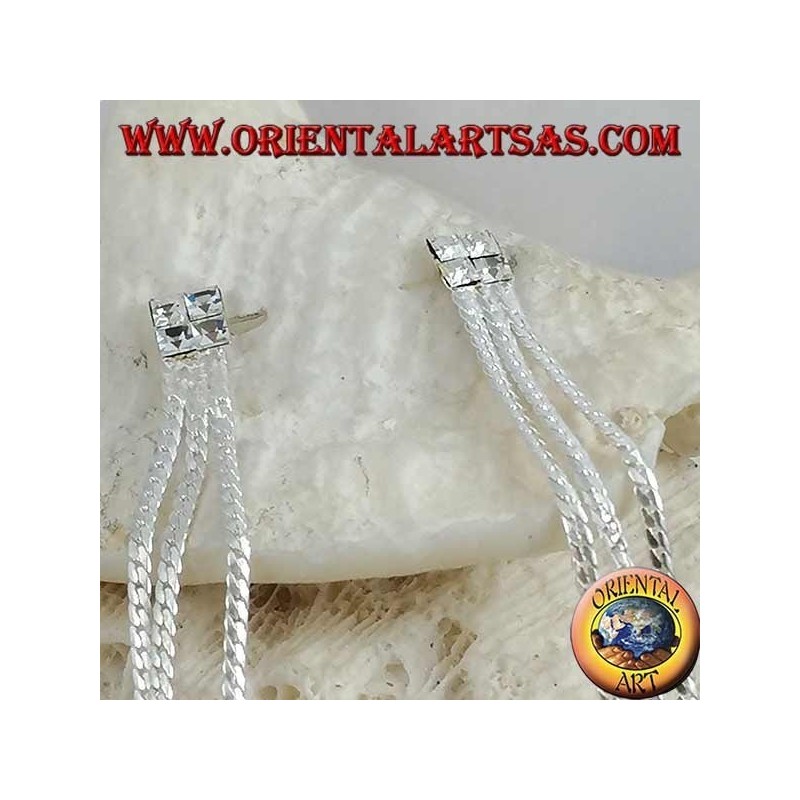 Orecchini in argento a farfalla con zircone quadrato bianco e tripla catenina a intreccio da 8 cm