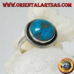 Silver ring with a round cabochon turquoise surrounded by a row of disks (16)