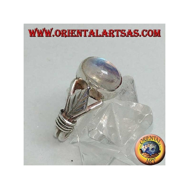 Silver ring with oval rainbow moonstone and rhomboid leaf with discs on the sides