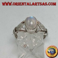 Silver ring with oval rainbow moonstone and rhomboid leaf with discs on the sides