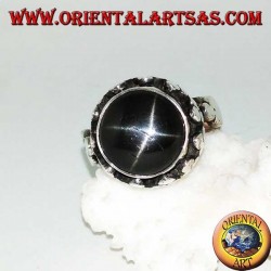 Silver ring with raised Black Star surrounded by disc clovers