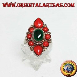 Silver flower ring with oval malachite surrounded by natural coral of Tibetan origin