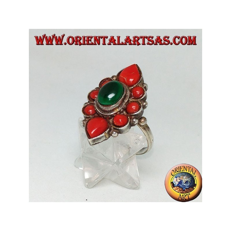 Silver flower ring with oval malachite surrounded by natural coral of Tibetan origin
