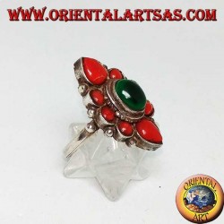 Silver flower ring with oval malachite surrounded by natural coral of Tibetan origin