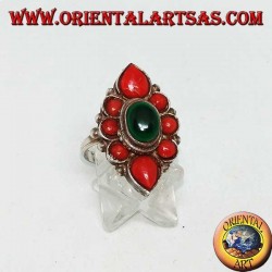 Silver flower ring with oval malachite surrounded by natural coral of Tibetan origin