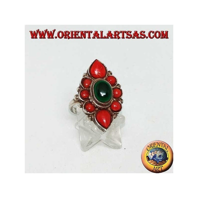 Silver flower ring with oval malachite surrounded by natural coral of Tibetan origin