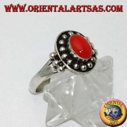Oval cabochon carnelian silver ring on a high relief ball crown