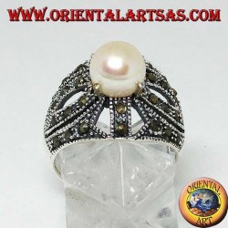 Silver ring with natural pearl set on an openwork cross frame studded with marcasite