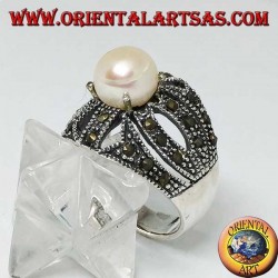 Silver ring with natural pearl set on an openwork cross frame studded with marcasite